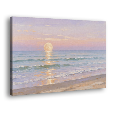 Large Golden Moonrise Over Rolling Ocean Surf - Canvas Wall Art - Side