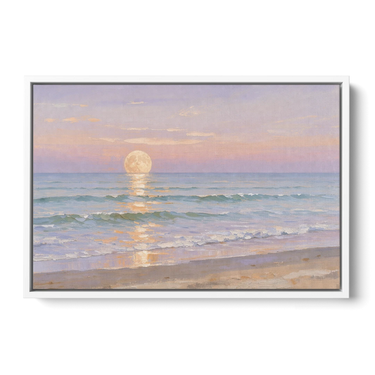 Large Golden Moonrise Over Rolling Ocean Surf - White Framed Canvas Wall Art - Front