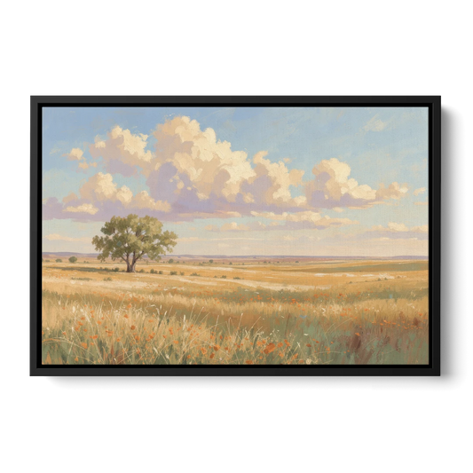 Large Horizontal Lone Cottonwood Under a Big Prairie Sky - Black Framed Canvas Wall Art - Front