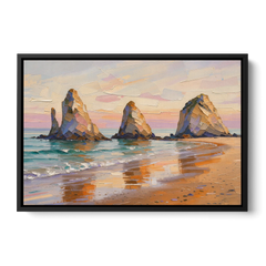 Large Horizontal Sea Stacks at Golden Hour - Black Framed Canvas Wall Art - Front