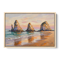 Large Horizontal Sea Stacks at Golden Hour - Oak Framed Canvas Wall Art - Front