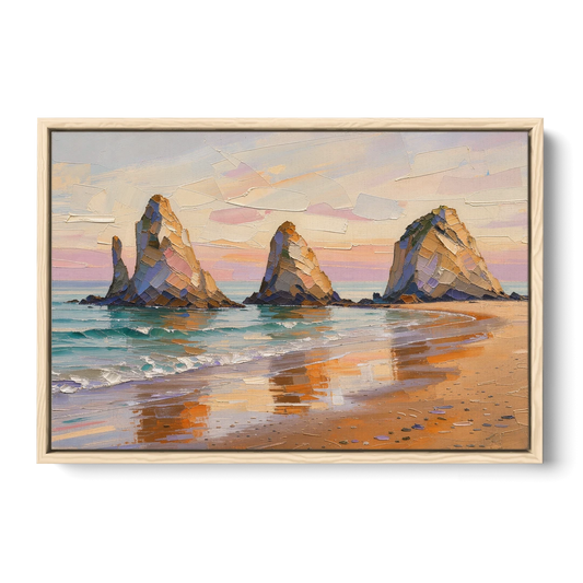 Large Horizontal Sea Stacks at Golden Hour - Oak Framed Canvas Wall Art - Front
