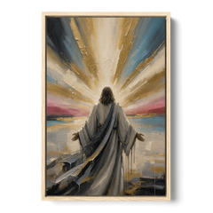 Large Jesus Wall Art with Arms Open to Light - Oak Framed Canvas Wall Art - Front