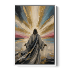 Large Jesus Wall Art with Arms Open to Light - White Framed Canvas Wall Art - Front