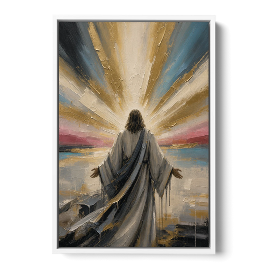 Large Jesus Wall Art with Arms Open to Light - White Framed Canvas Wall Art - Front