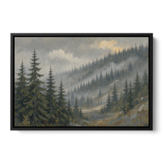Large Landscape Wall Art with Spruce in Rain Mist - Black Framed Canvas Wall Art - Front