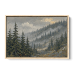 Large Landscape Wall Art with Spruce in Rain Mist - Oak Framed Canvas Wall Art - Front