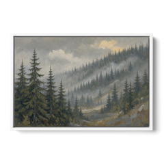 Large Landscape Wall Art with Spruce in Rain Mist - White Framed Canvas Wall Art - Front