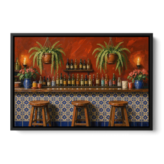 Large Mexican Wall Art Cantina Bar With Talavera Tiles - Black Framed Canvas Wall Art - Front