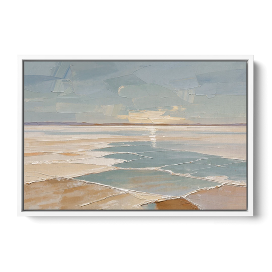 Large Neutral Salt Flat Mirror Under Misty Sky - White Framed Canvas Wall Art - Front