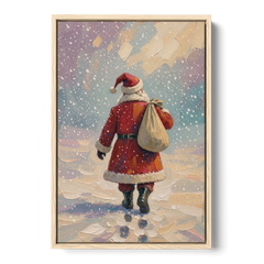 Large Santa Canvas Walking into the Snow - Oak Framed Canvas Wall Art - Front