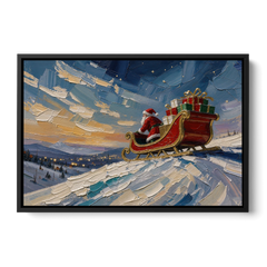 Large Santa Wall Art of the Hilltop Sleigh - Black Framed Canvas Wall Art - Front