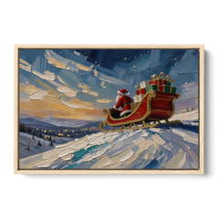 Large Santa Wall Art of the Hilltop Sleigh - Oak Framed Canvas Wall Art - Front