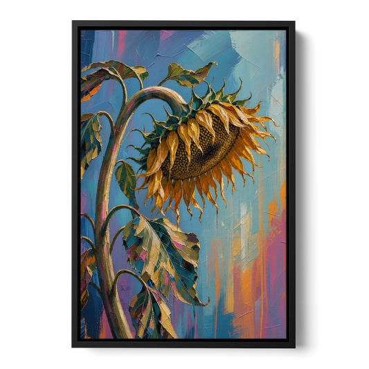 Large Sunflower Canvas Bowing in Late Summer - Black Framed Canvas Wall Art - Front