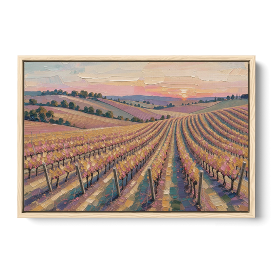 Large Vineyard Rows at Sunset for the Bedroom - Oak Framed Canvas Wall Art - Front
