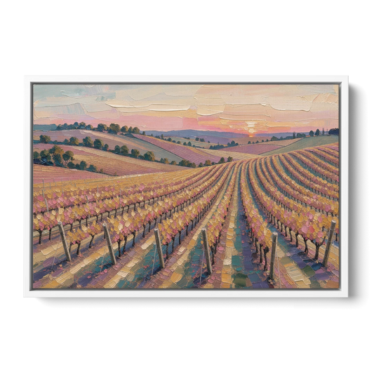 Large Vineyard Rows at Sunset for the Bedroom - White Framed Canvas Wall Art - Front