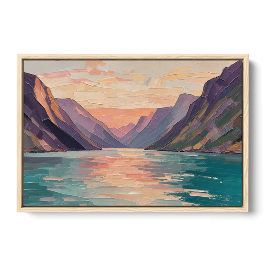 Large Wall Art Above Bed Fjord at Dusk - Oak Framed Canvas Wall Art - Front