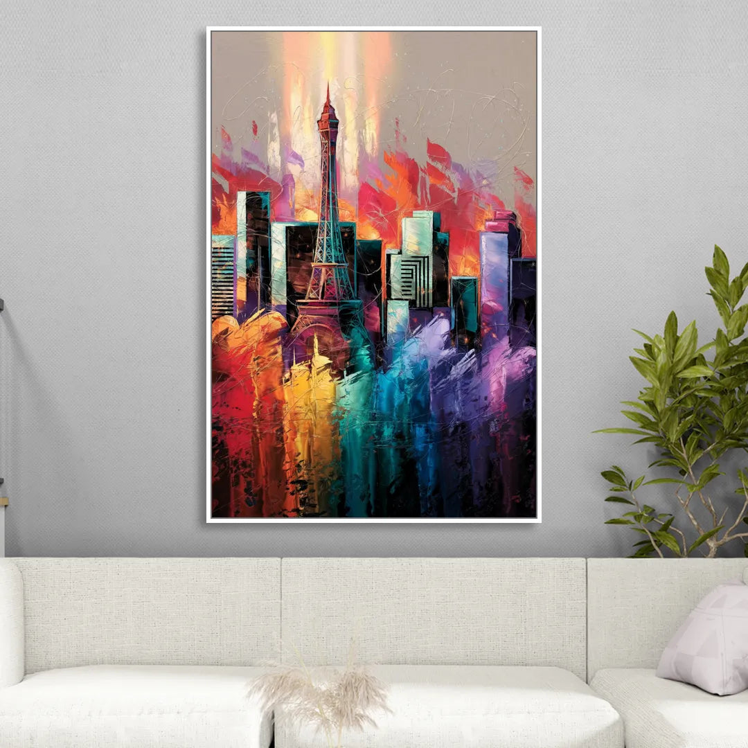 Las Vegas City Skyline Sitting Room - White Canvas Wall Art