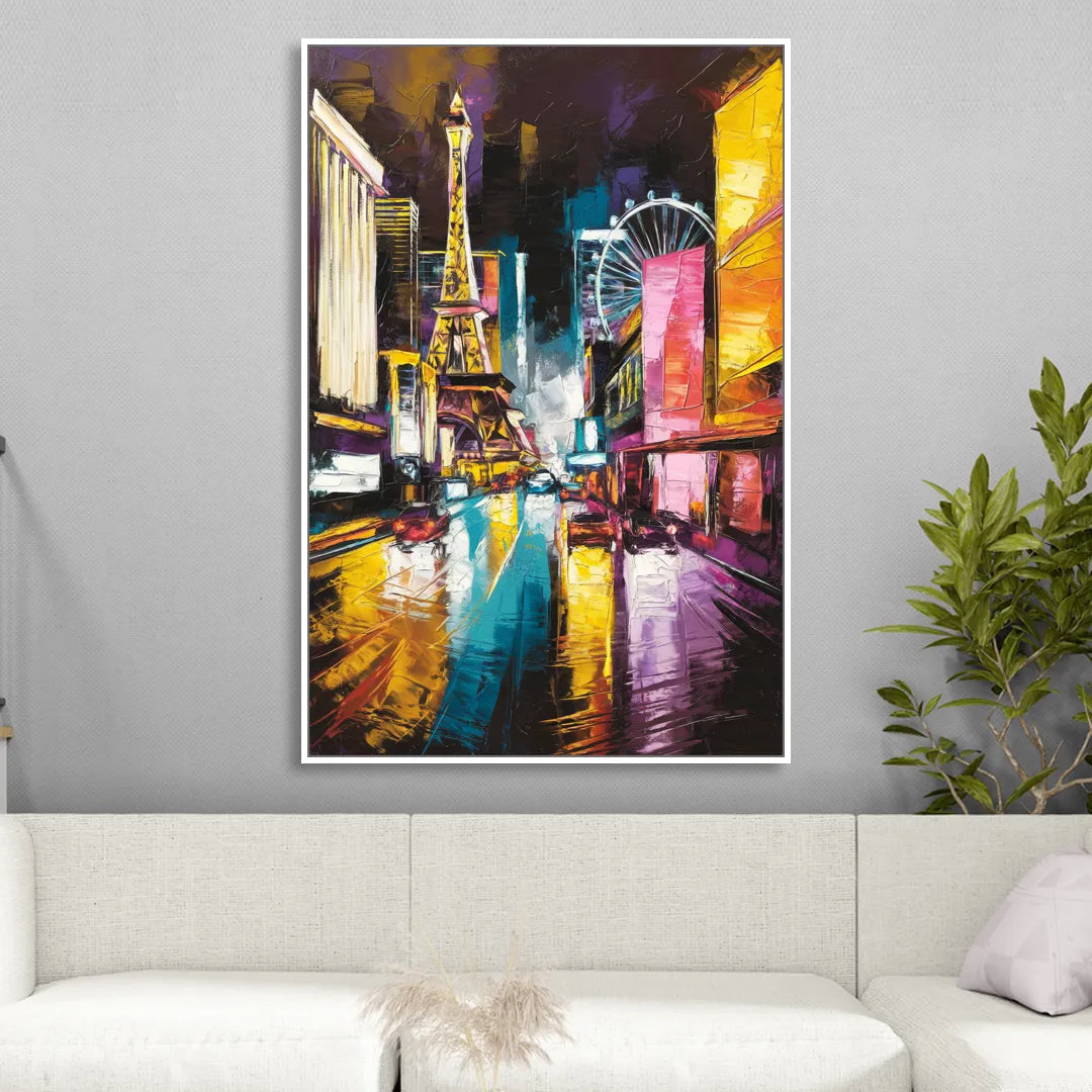 Las Vegas Downtown Energy Living Room - White Canvas Wall Art