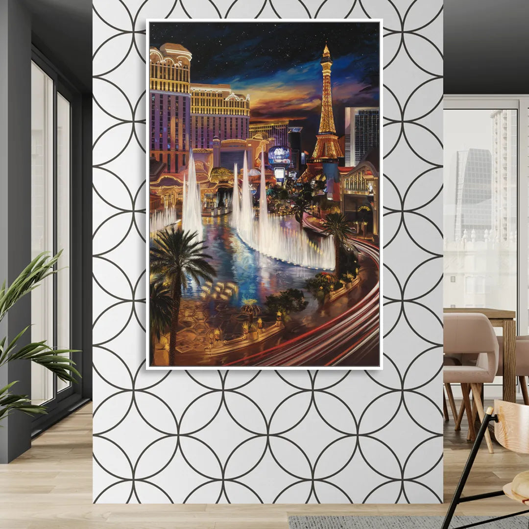 Las Vegas Nightscape Sitting Room - White Canvas Wall Art