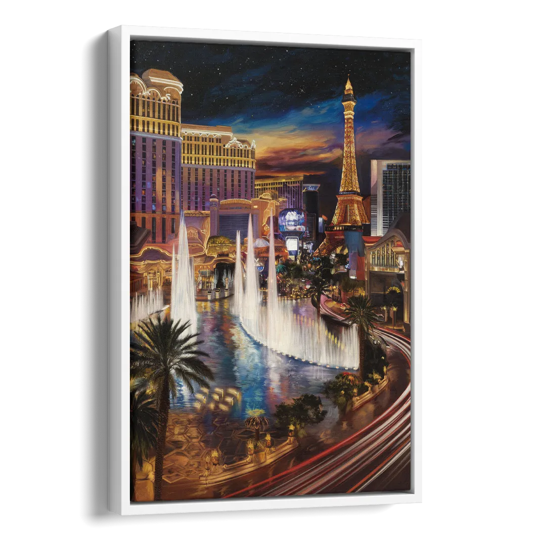 Las Vegas Nightscape Side - White Canvas Wall Art