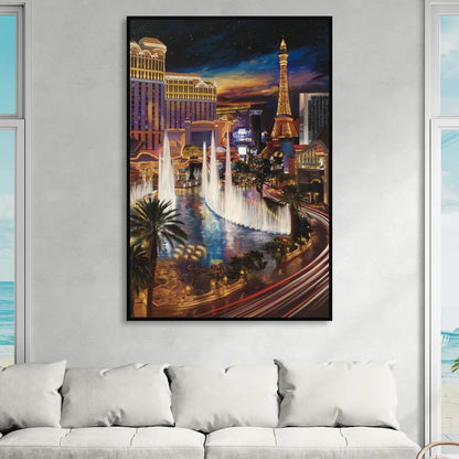 Las Vegas Nightscape Sitting Room - Black Canvas Wall Art