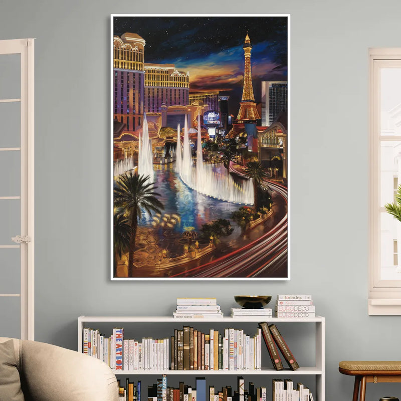 Las Vegas Nightscape Living Room - White Canvas Wall Art