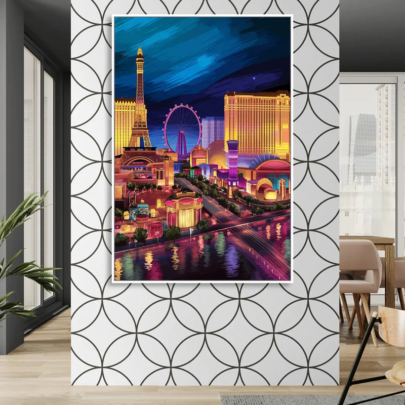 Las Vegas Skyline Panorama Living Room - White Canvas Wall Art