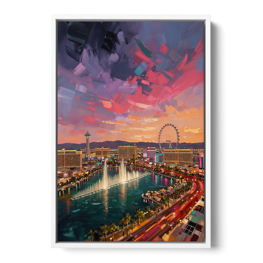 Las Vegas Skyline Panorama - White Framed Canvas Wall Art - Front