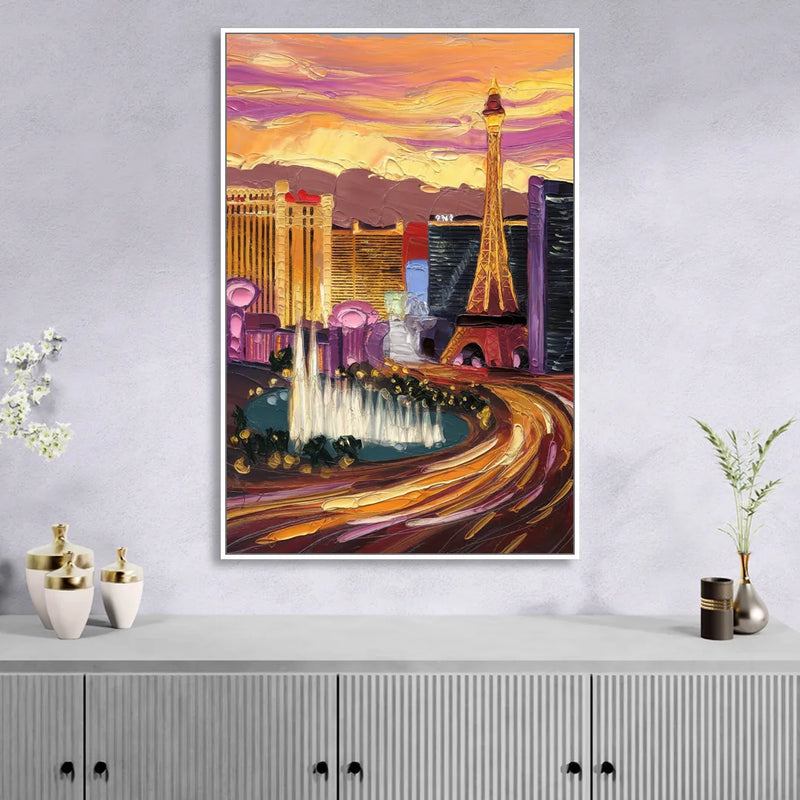 Las Vegas Skyline at Sunset Sitting Room - White Canvas Wall Art