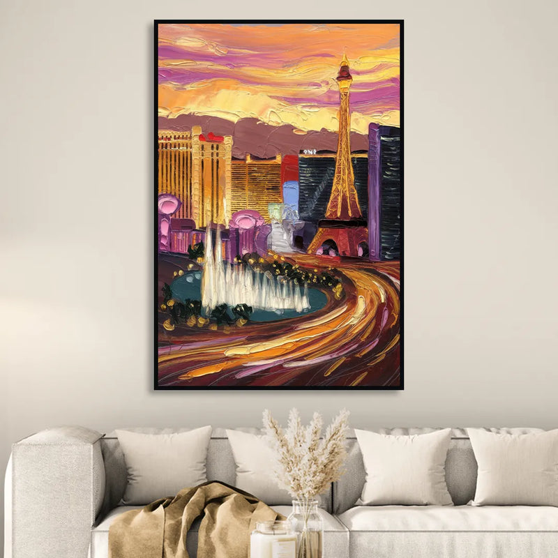 Las Vegas Skyline at Sunset Sitting Room - Black Canvas Wall Art