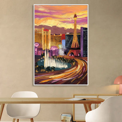 Las Vegas Skyline at Sunset Living Room - White Canvas Wall Art