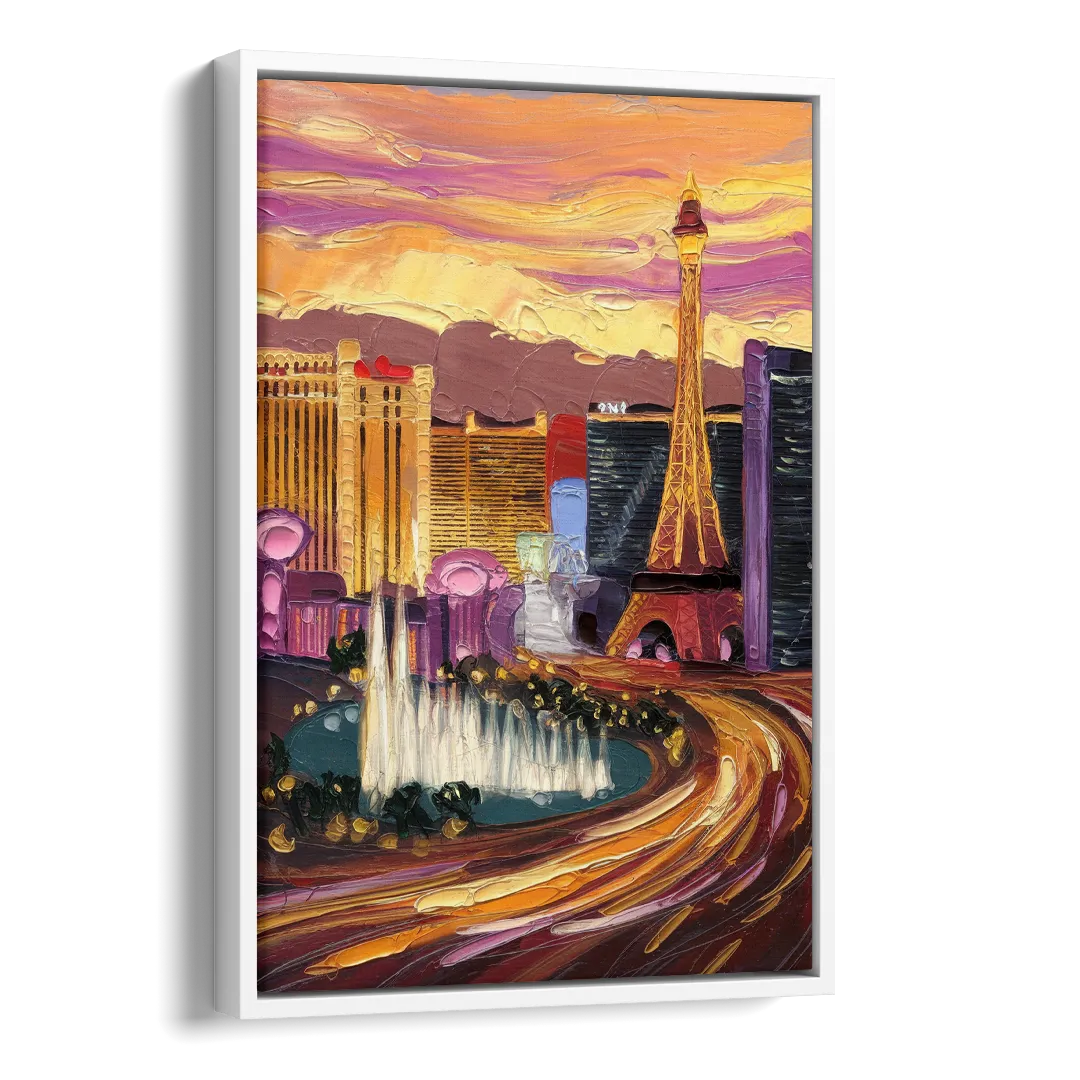 Las Vegas Skyline at Sunset Side - White Canvas Wall Art