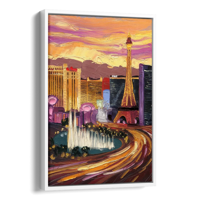Las Vegas Skyline at Sunset Side - White Canvas Wall Art