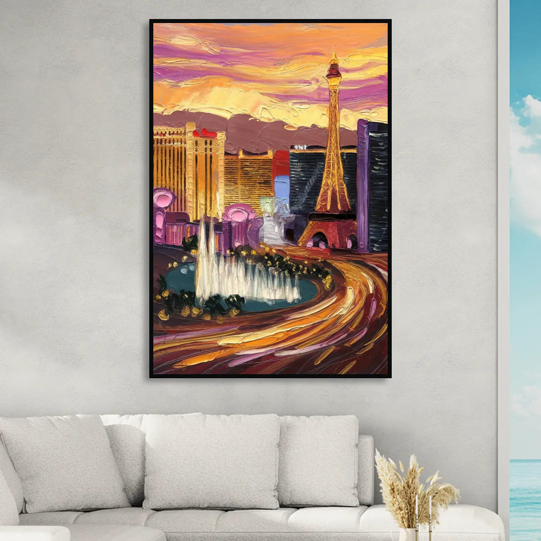 Las Vegas Skyline at Sunset Living Room - Black Canvas Wall Art
