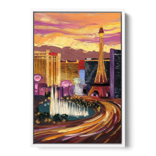 Las Vegas Skyline at Sunset - White Framed Canvas Wall Art - Front