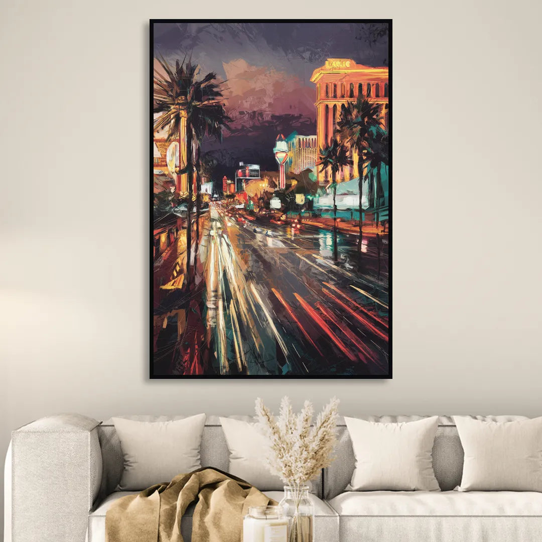 Las Vegas Strip Lights Living Room - Black Canvas Wall Art