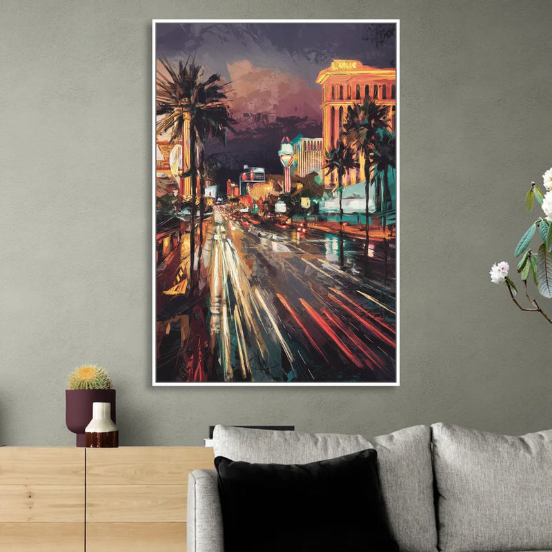 Las Vegas Strip Lights Sitting Room - White Canvas Wall Art