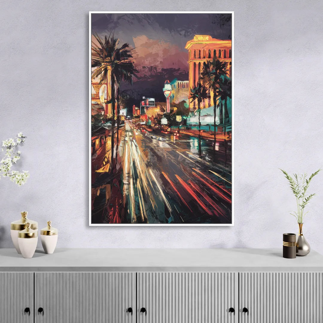 Las Vegas Strip Lights Living Room - White Canvas Wall Art