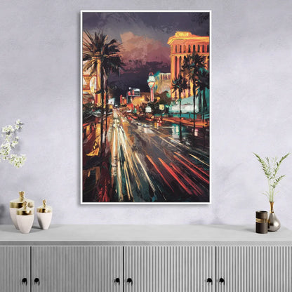 Las Vegas Strip Lights Living Room - White Canvas Wall Art