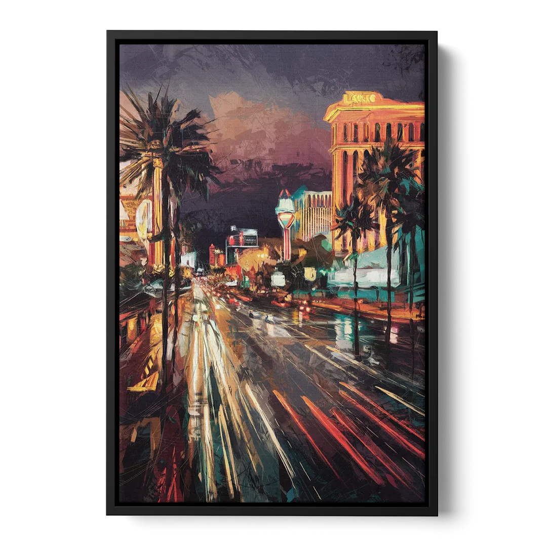 Las Vegas Strip Lights Front - Black Canvas Wall Art
