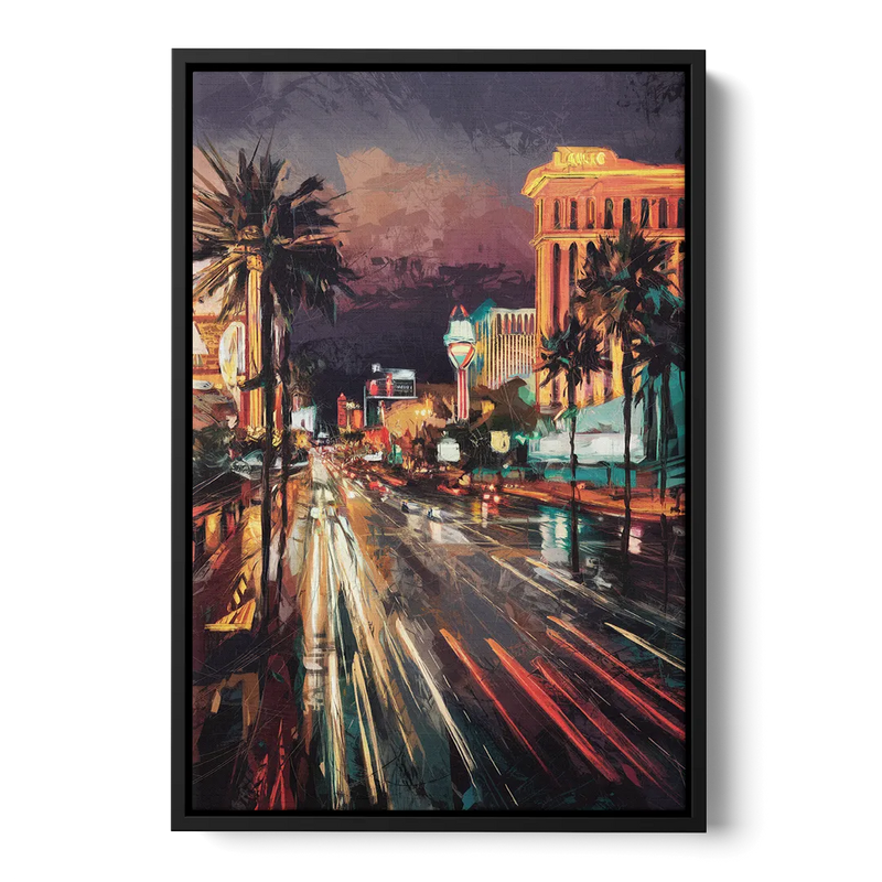 Las Vegas Strip Lights Front - Black Canvas Wall Art