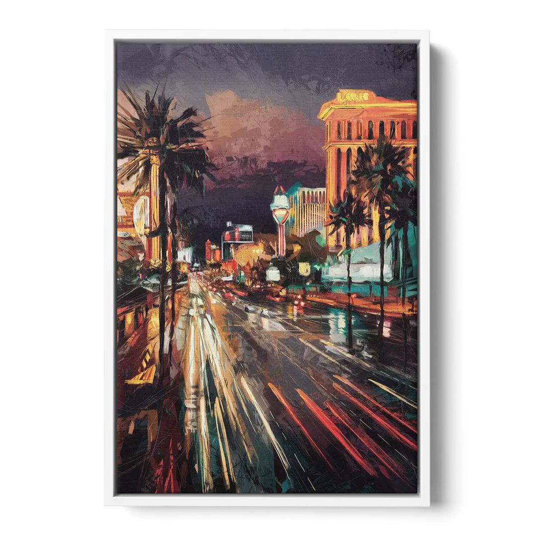 Las Vegas Strip Lights Front - White Canvas Wall Art
