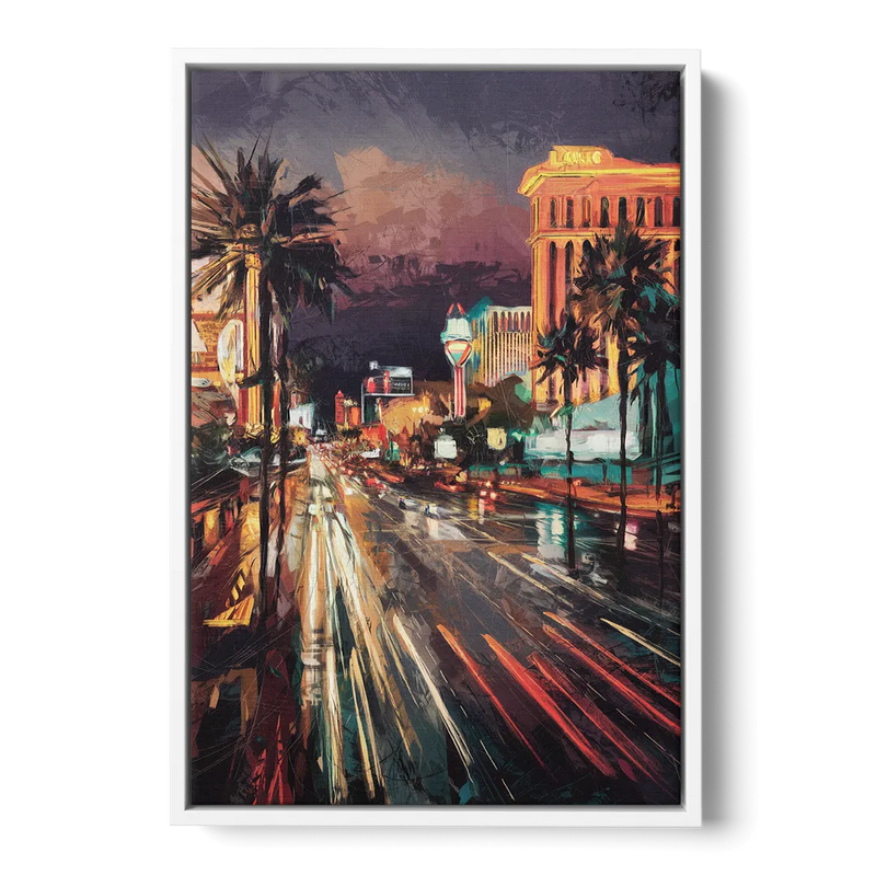 Las Vegas Strip Lights Front - White Canvas Wall Art