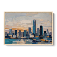 Law Office Wall Art of a Dawn Skyline - Oak Framed Canvas Wall Art - Front