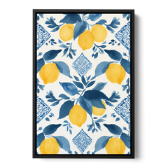 Lemon Art in Blue Majolica Tiles - Black Framed Canvas Wall Art - Front
