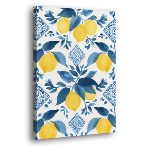 Lemon Art in Blue Majolica Tiles - Canvas Wall Art - Side