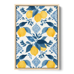 Lemon Art in Blue Majolica Tiles - Oak Framed Canvas Wall Art - Front