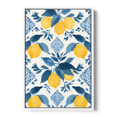Lemon Art in Blue Majolica Tiles - White Framed Canvas Wall Art - Front