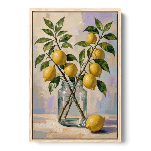 Lemon Branches in a Glass Jar for the Kitchen - Oak Framed Canvas Wall Art - Front